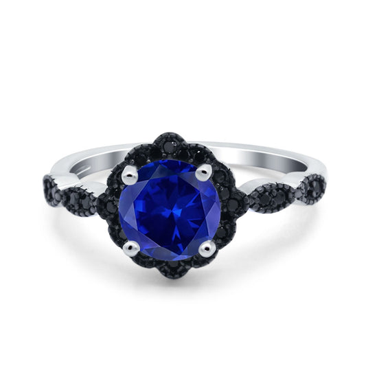 Flower Art Deco Wedding Ring Round Black Simulated Blue Sapphire CZ