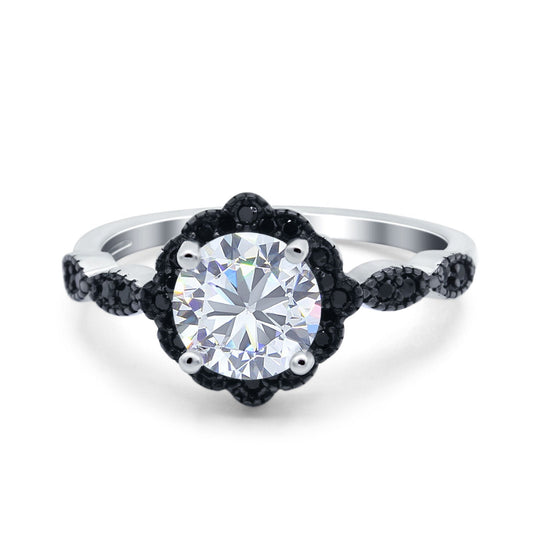 Flower Art Deco Wedding Ring Round Black Simulated Cubic Zirconia