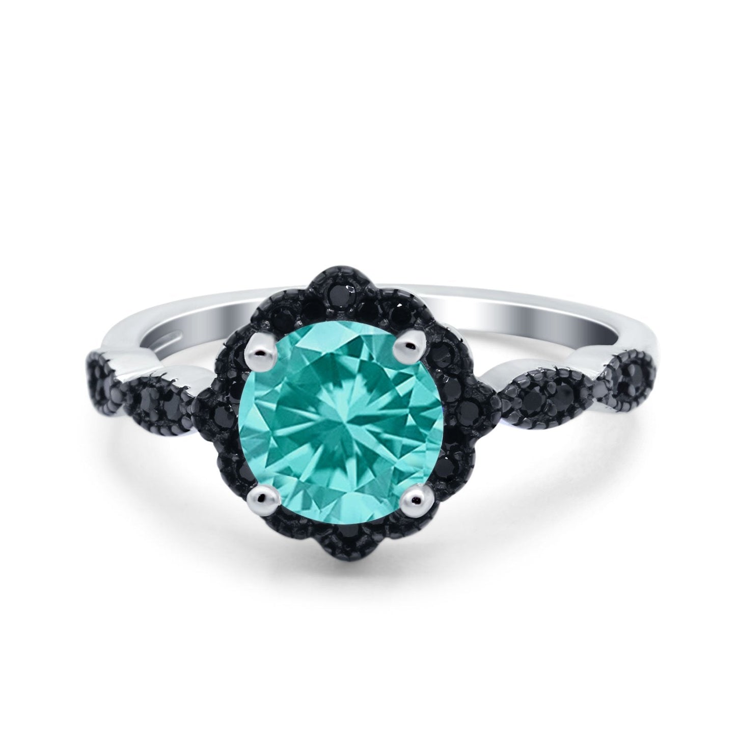 Flower Art Deco Wedding Ring Round Black Simulated Paraiba Tourmaline CZ