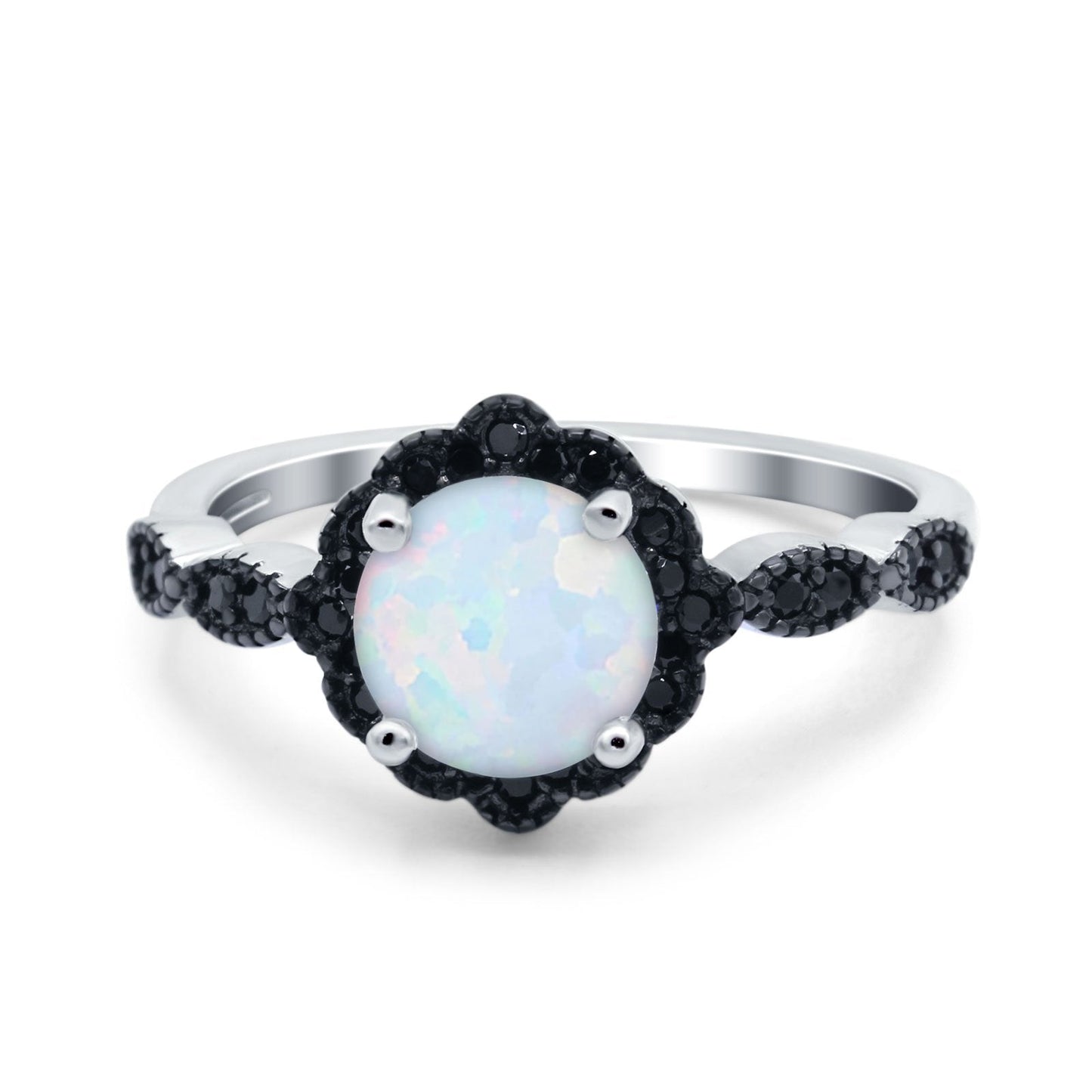 Flower Art Deco Wedding Ring Round Black Lab Created White Opal