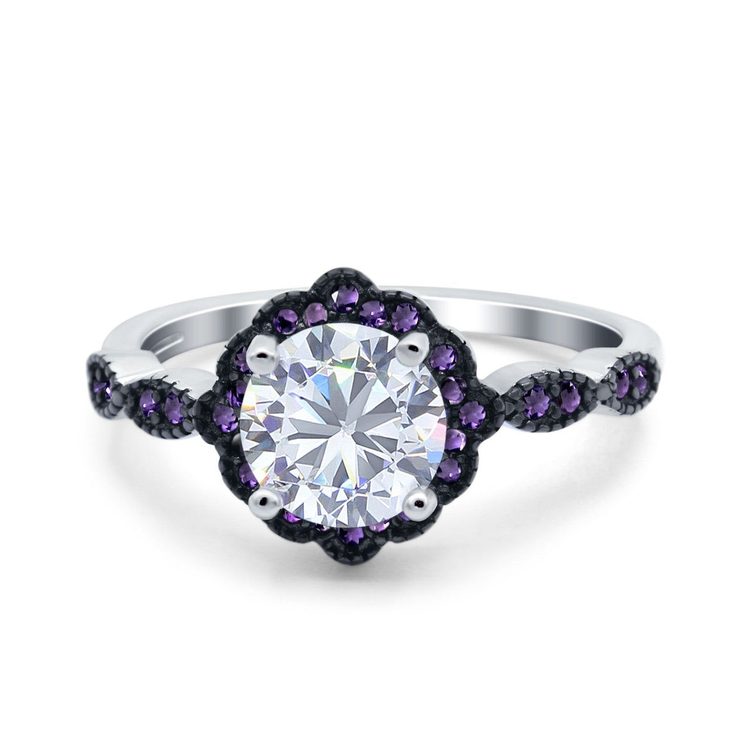 Flower Art Deco Engagement Ring Round Amethyst Simulated Cubic Zirconia