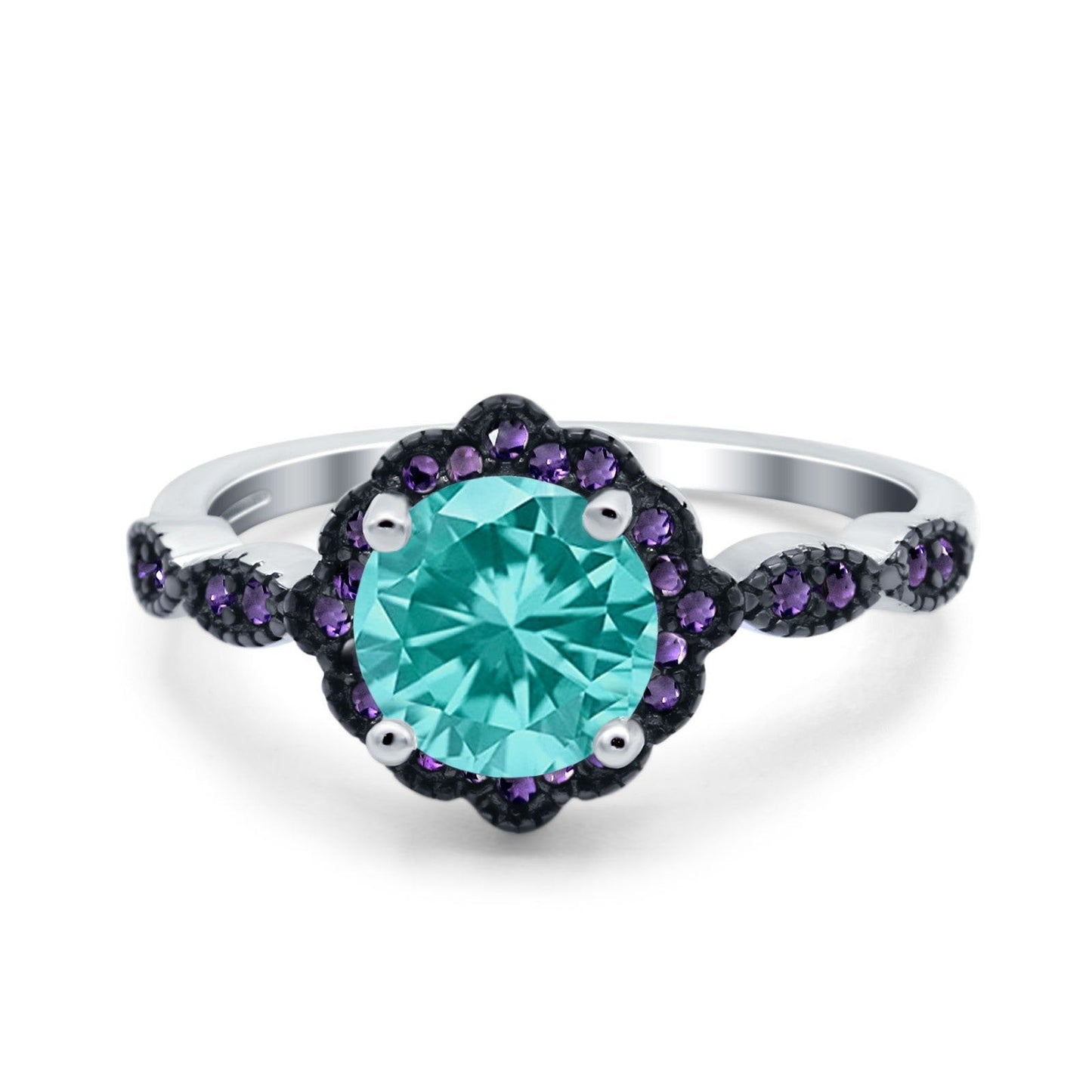 Flower Art Deco Engagement Ring Round Amethyst Simulated Paraiba Tourmaline CZ