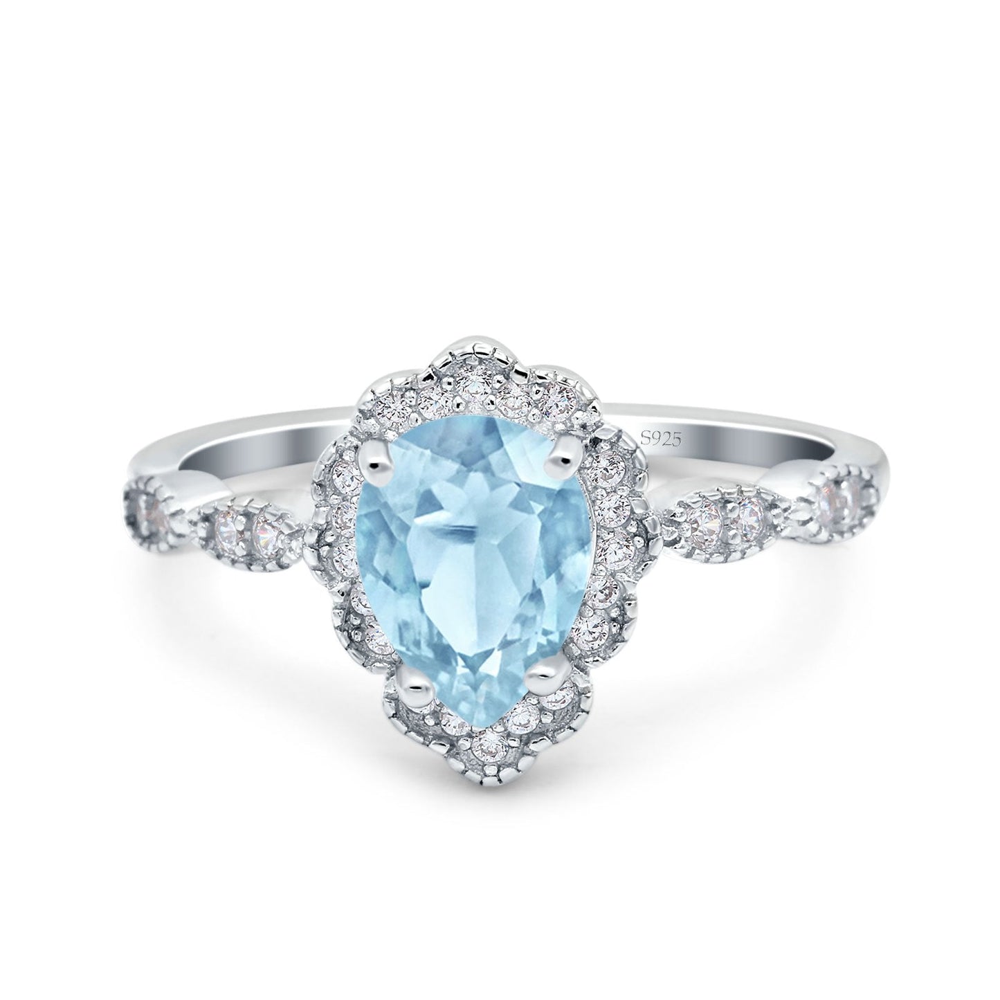 Teardrop Pear Art Deco Wedding Ring Simulated Aquamarine CZ