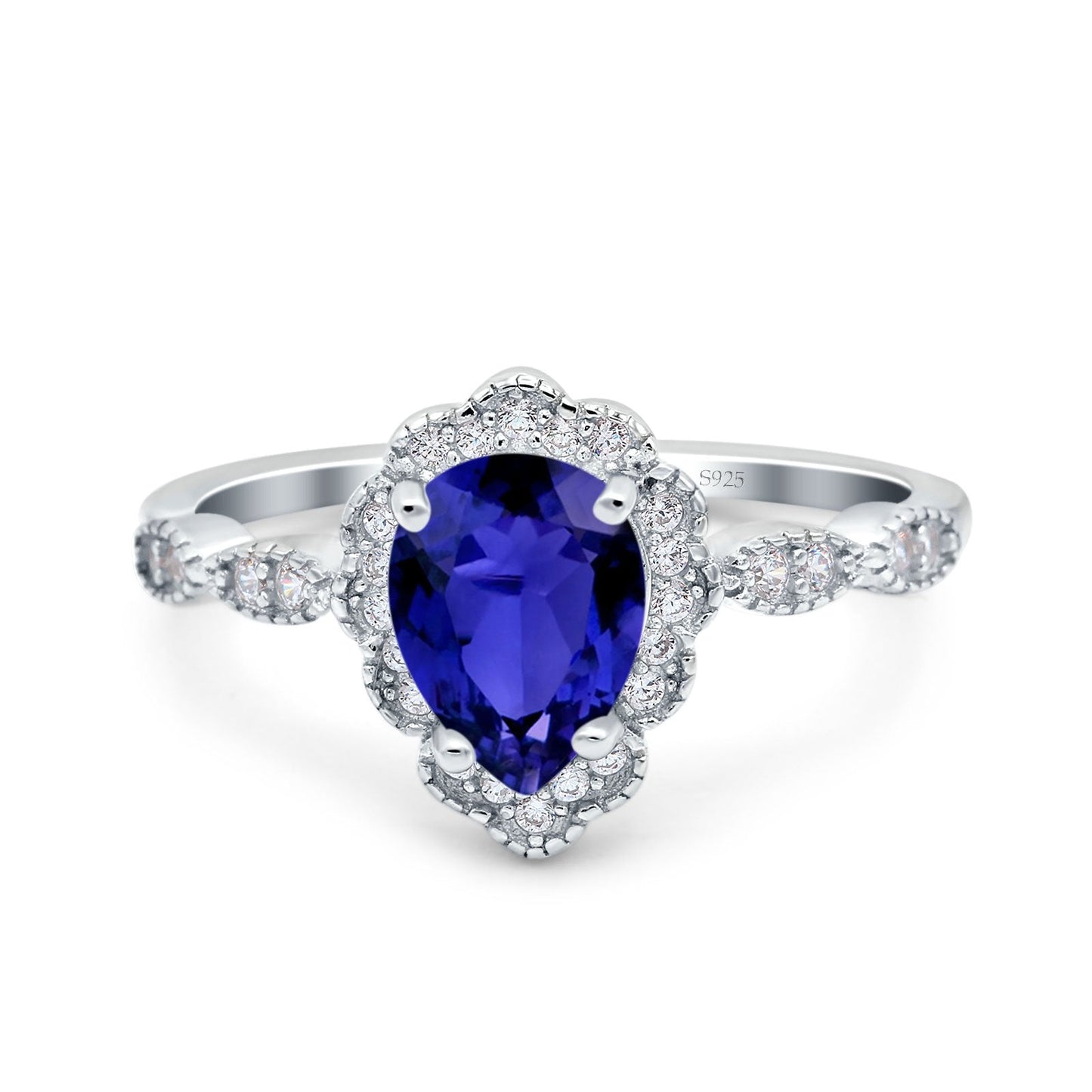 Teardrop Pear Art Deco Wedding Bridal Engagement Ring Round Simulated Blue Sapphire CZ