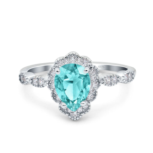 Teardrop Pear Art Deco Wedding Bridal Engagement Ring Round Simulated Paraiba Tourmaline CZ