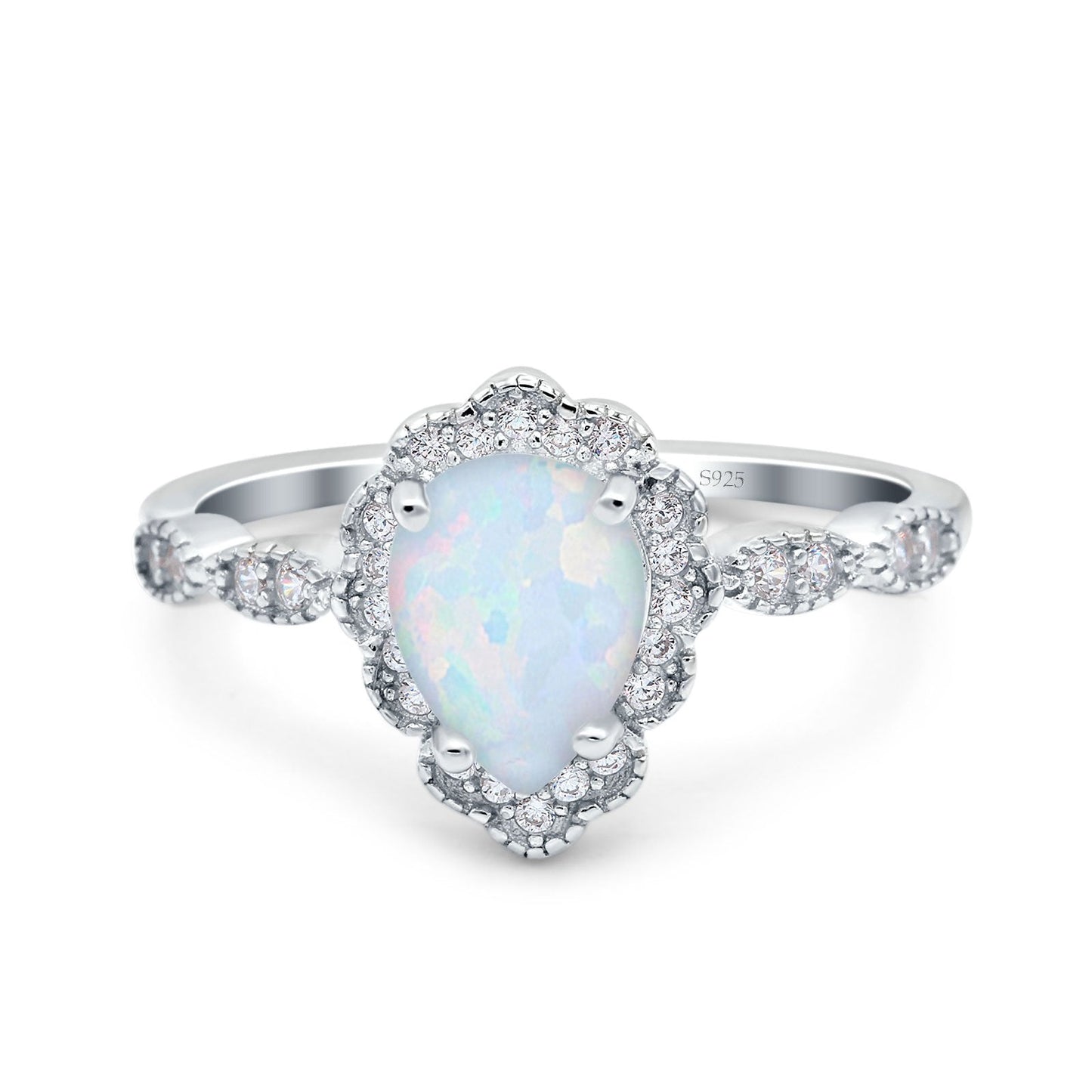 Teardrop Pear Art Deco Wedding Bridal Engagement Ring Round Lab Created White Opal