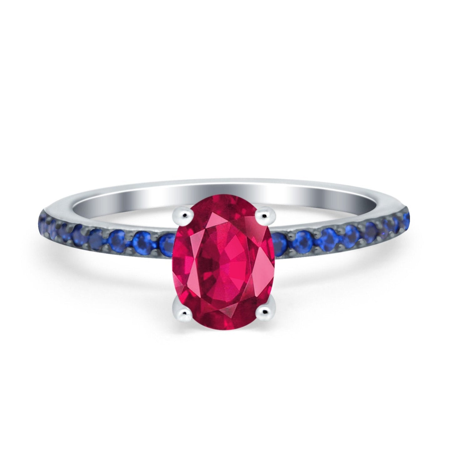 Oval Art Deco Engagement Ring Side Stone Sapphire Simulated Ruby CZ