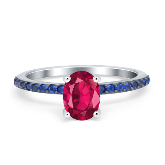 Oval Art Deco Engagement Ring Side Stone Sapphire Simulated Ruby CZ