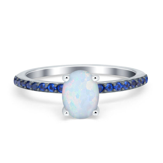 Oval Art Deco Engagement Ring Side Stone Sapphire Lab Created White Opal