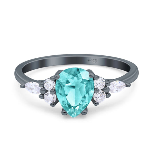 Teardrop Pear Art Deco Wedding Ring Black Tone, Simulated Paraiba Tourmaline CZ