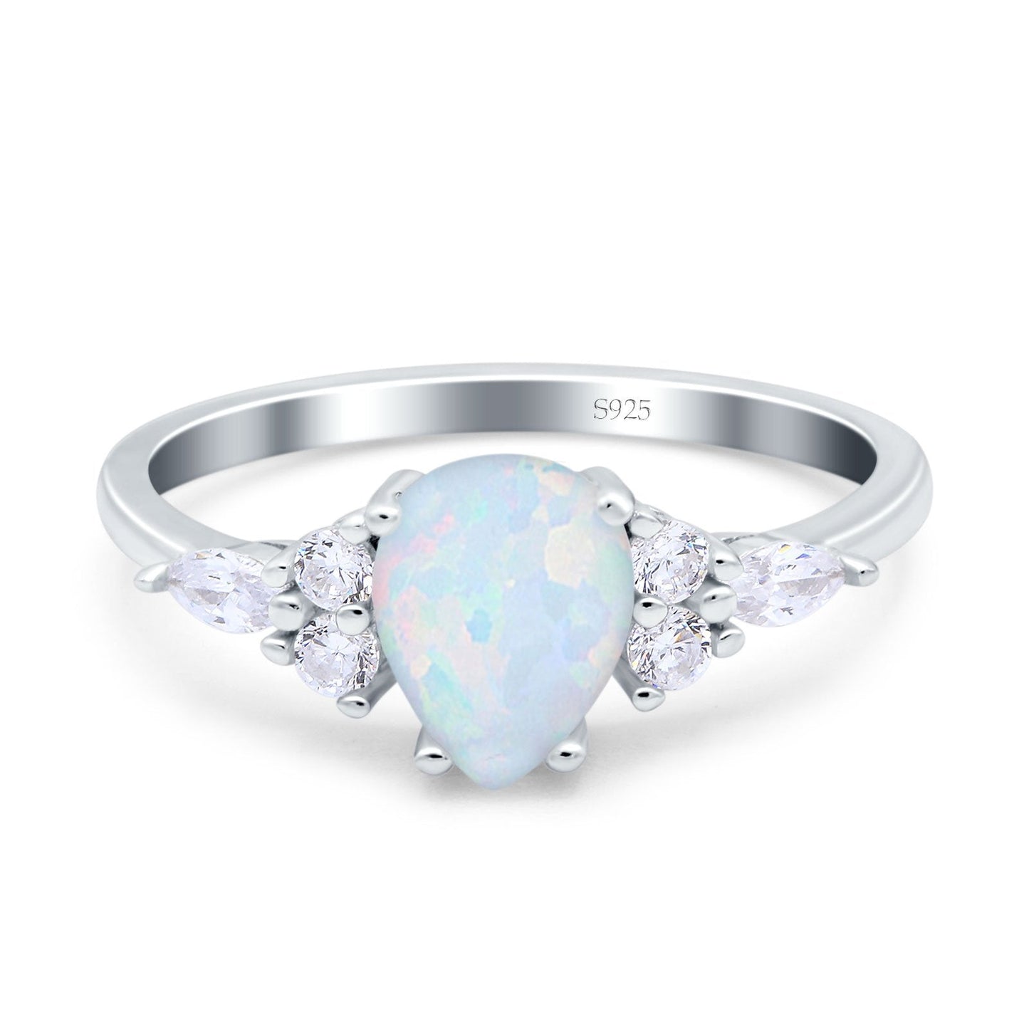 Teardrop Pear Art Deco Wedding Ring Lab Created White Opal