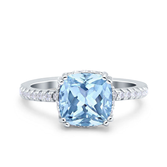 Half Eternity Art Deco Cushion Cut Wedding Bridal Ring Simulated Aquamarine CZ