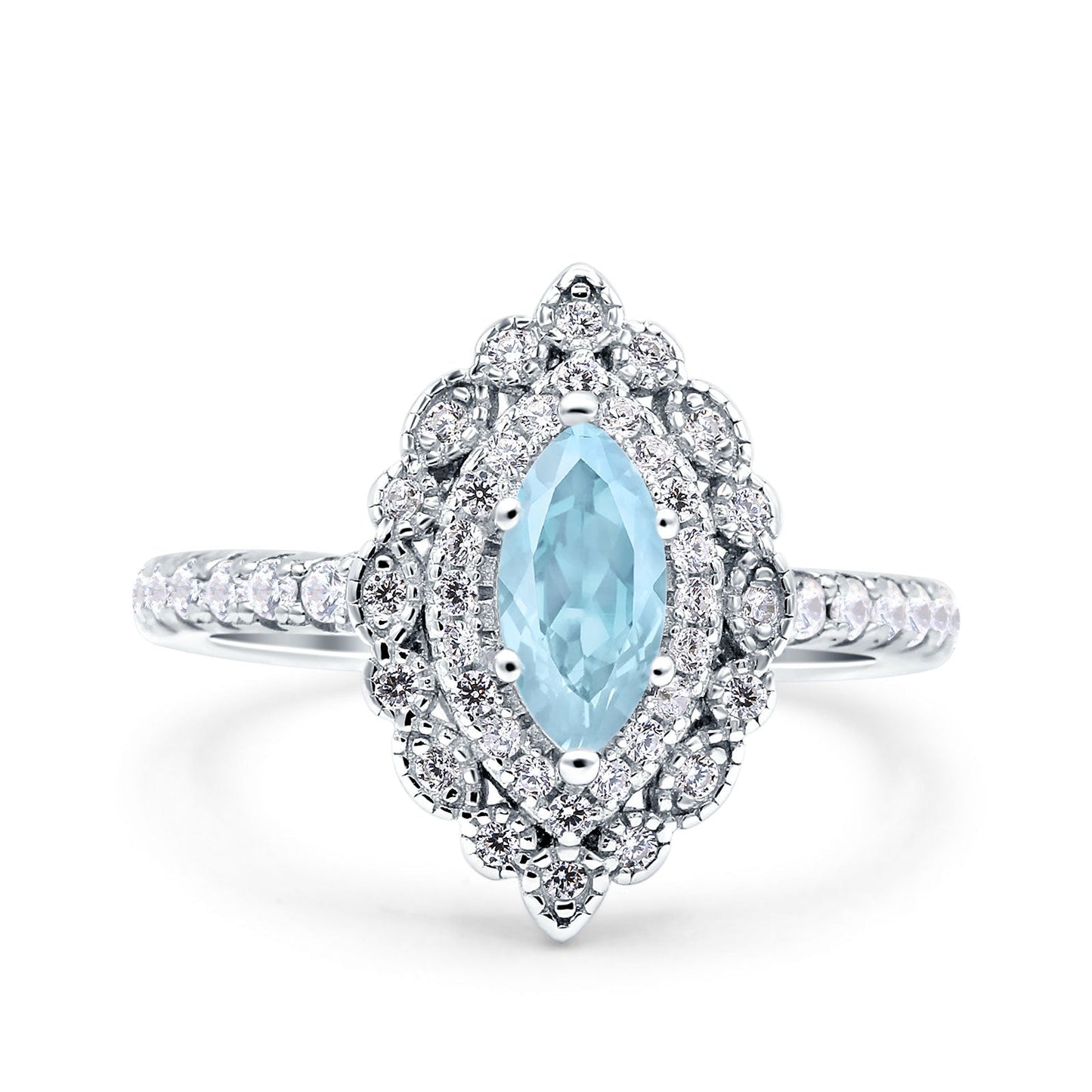 Vintage Style Solitaire Accent Marquise Wedding Ring Simulated Aquamarine CZ