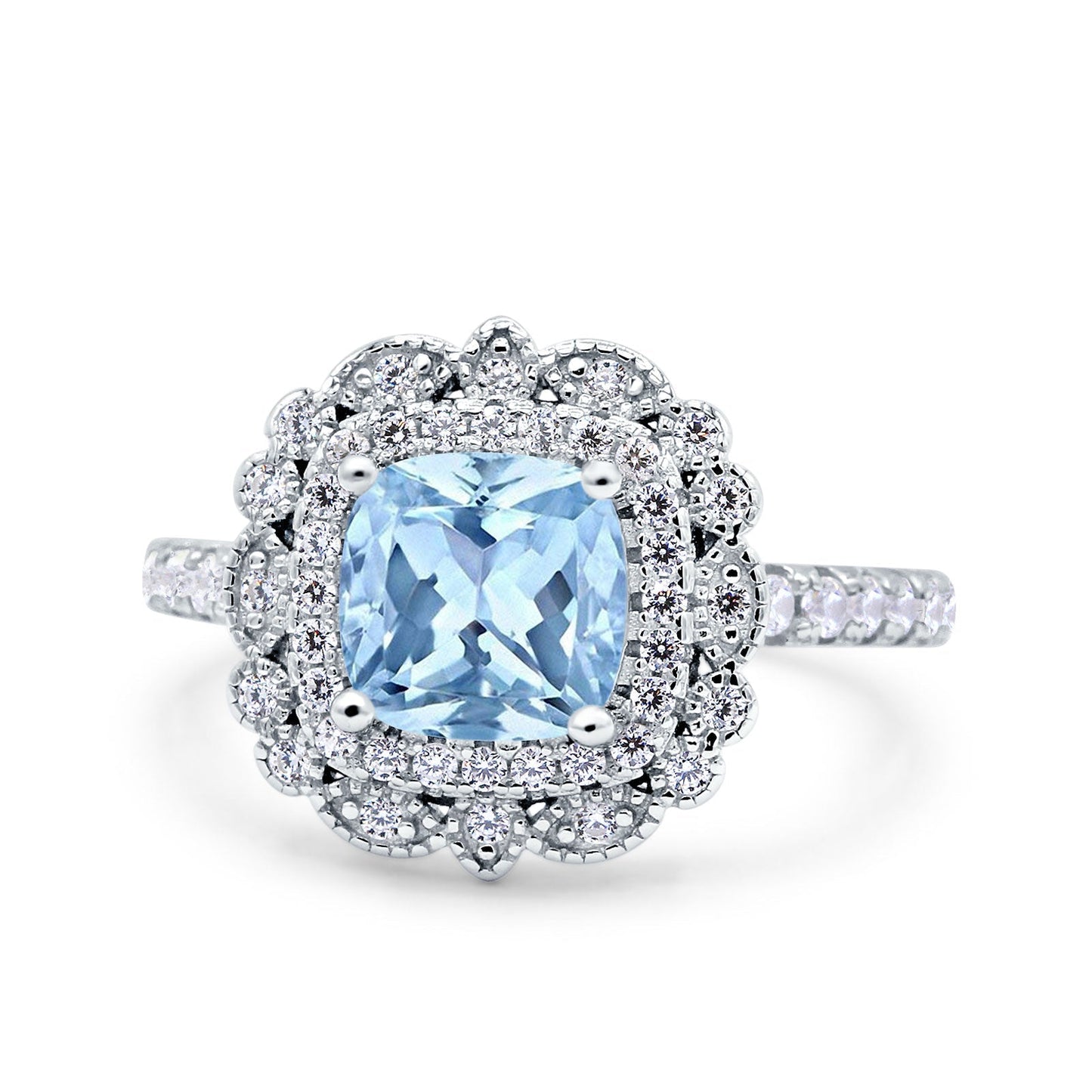 Vintage Style Solitaire Accent Cushion Wedding Ring Simulated Aquamarine CZ