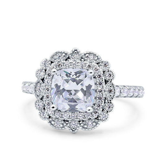 Vintage Style Solitaire Accent Cushion Wedding Ring Simulated Cubic Zirconia