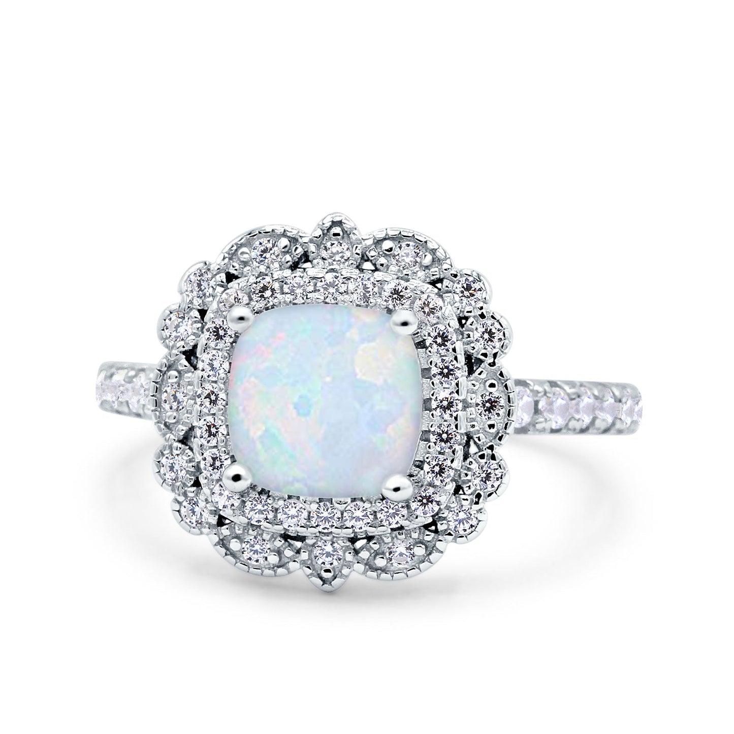 Vintage Style Solitaire Accent Cushion Wedding Ring Lab Created White Opal