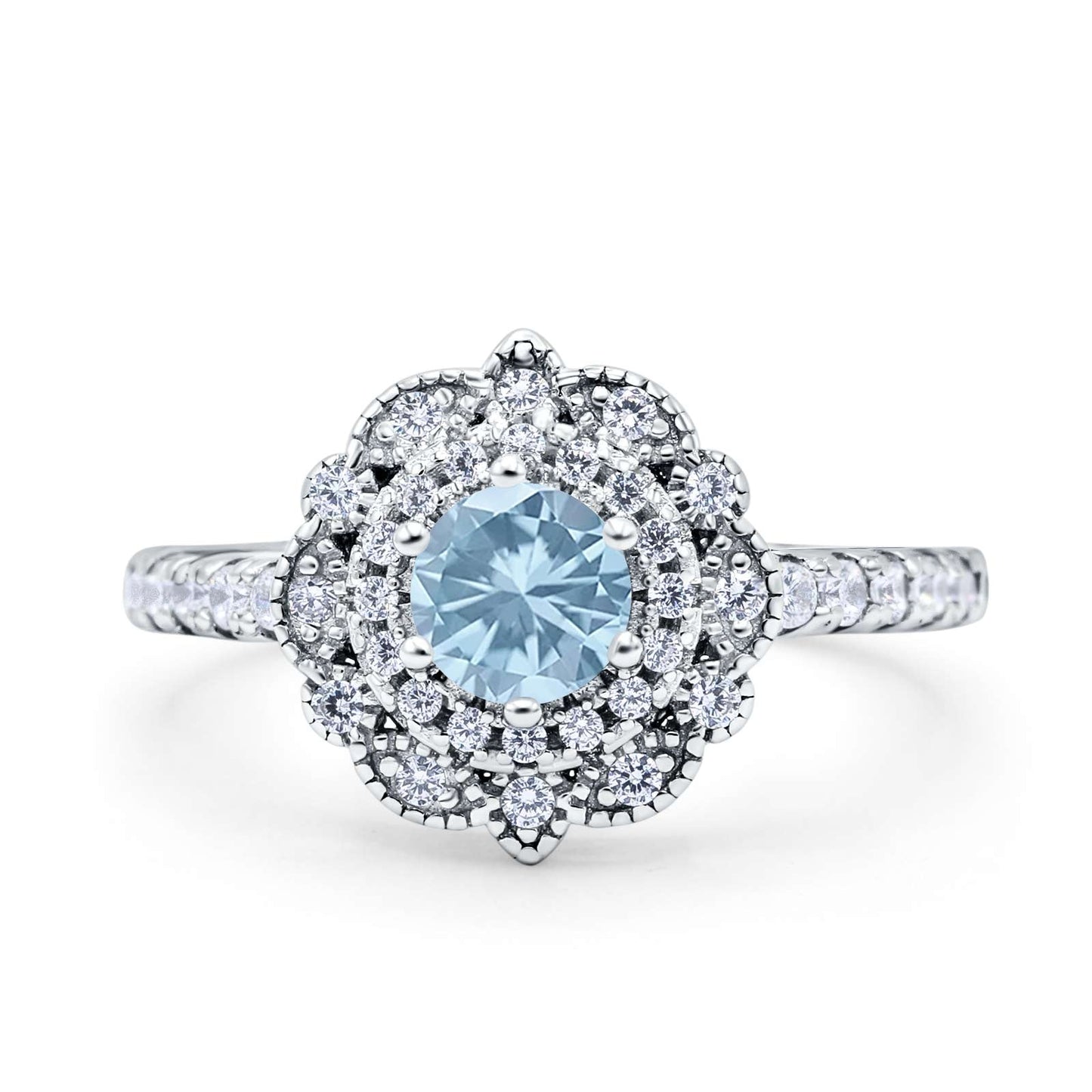 Vintage Style Solitaire Accent Wedding Ring Round Simulated Aquamarine CZ