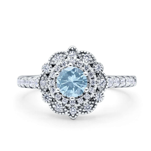 Vintage Style Solitaire Accent Wedding Ring Round Simulated Aquamarine CZ