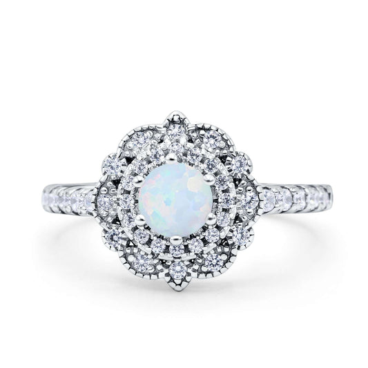 Vintage Style Solitaire Accent Wedding Ring Round Lab Created White Opal