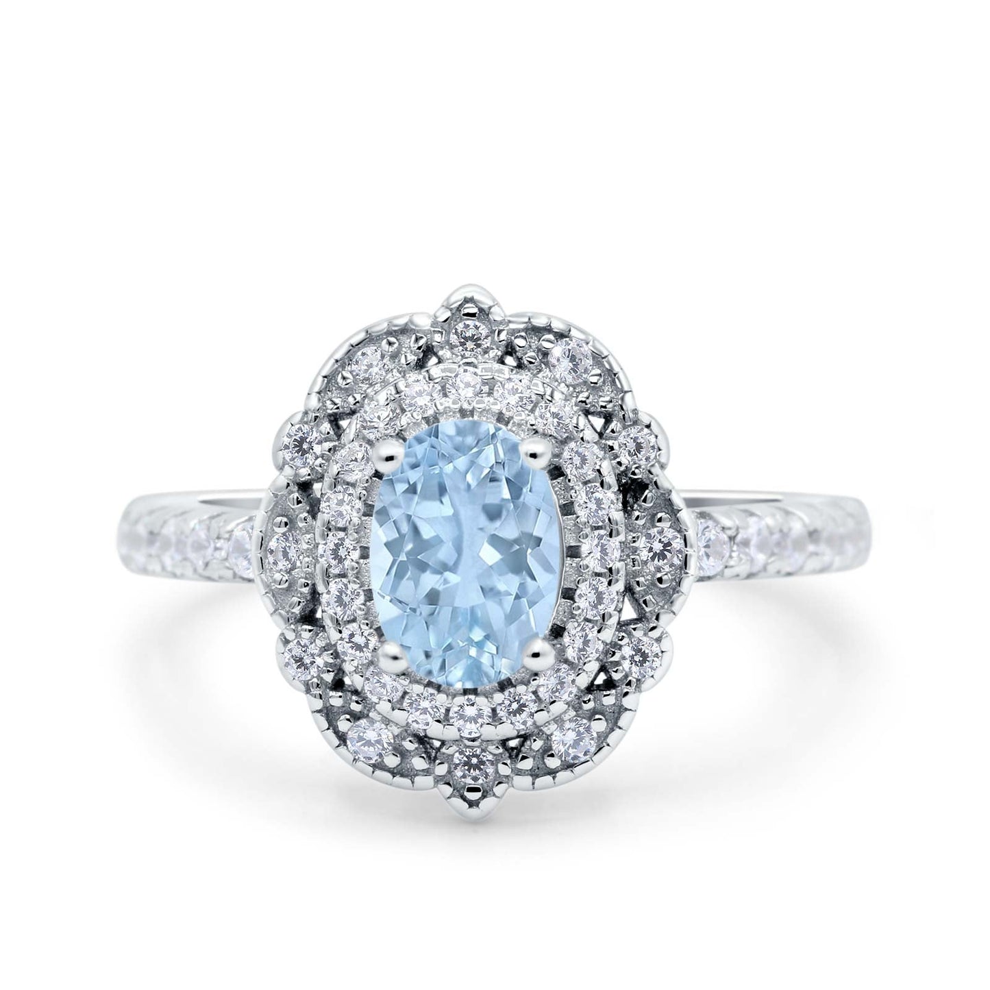 Halo Vintage Style Solitaire Accent Oval Wedding Ring Simulated Aquamarine CZ