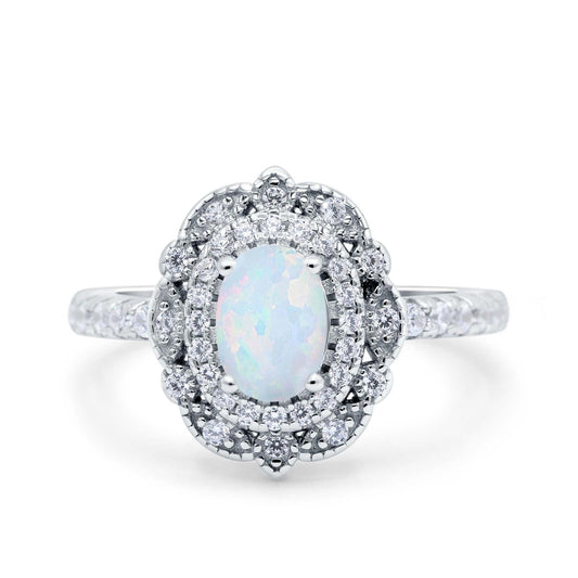 Halo Vintage Style Solitaire Accent Oval Wedding Ring Lab Created White Opal