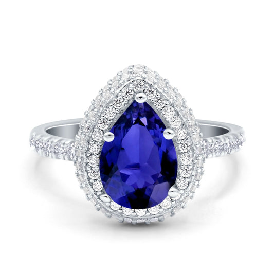 Teardrop Pear Art Deco Vintage Engagement Ring Simulated Blue Sapphire CZ