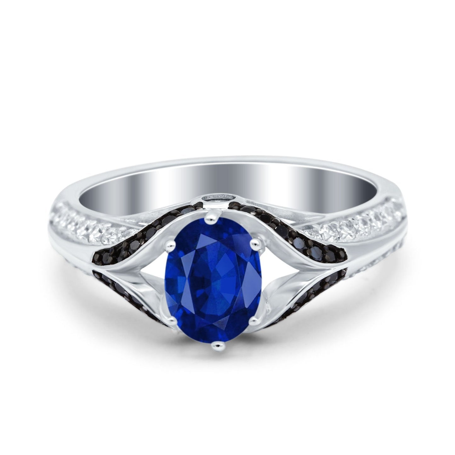 Art Deco Oval Black Simulated Blue Sapphire CZ Engagement Ring