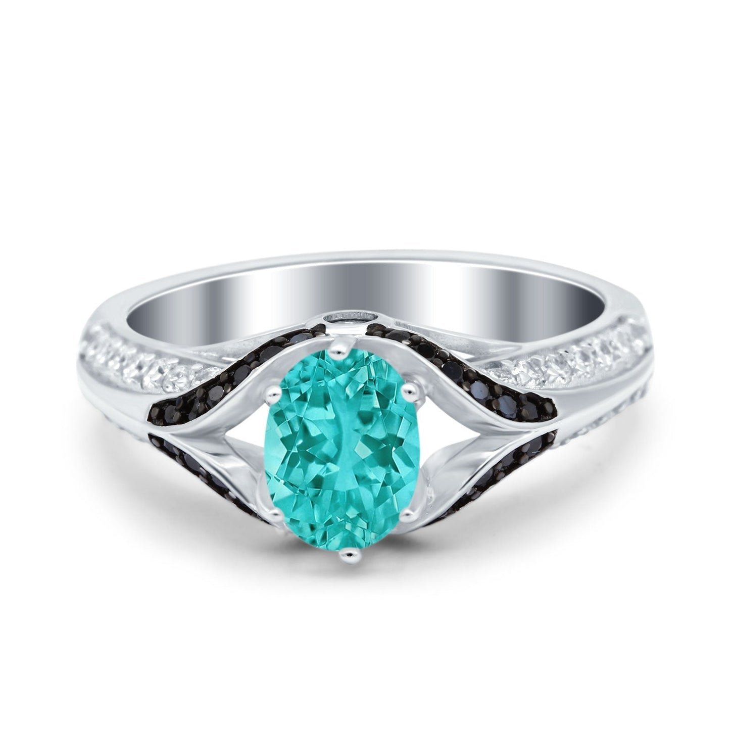 Art Deco Oval Black Simulated Paraiba Tourmaline CZ Engagement Ring