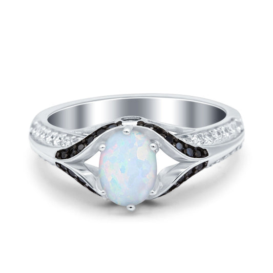 Art Deco Oval Black Lab Created White Opal Engagement Ring