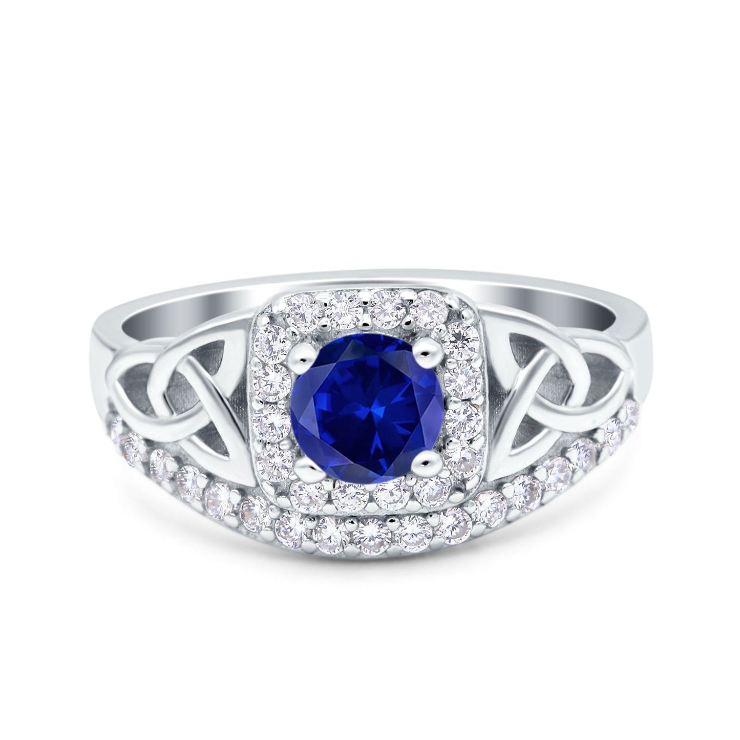 Celtic Art Deco Wedding Ring Round Simulated Blue Sapphire CZ