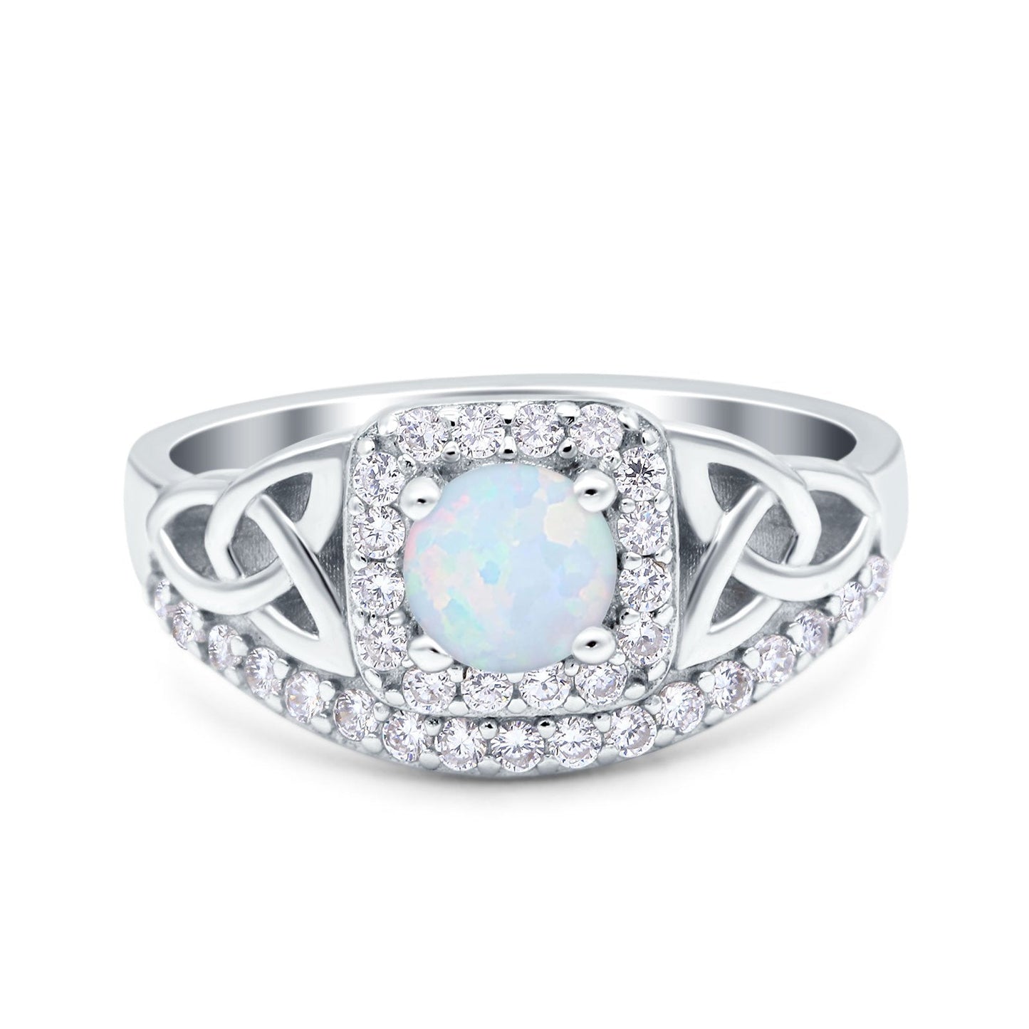 Celtic Art Deco Wedding Ring Round Lab Created White Opal