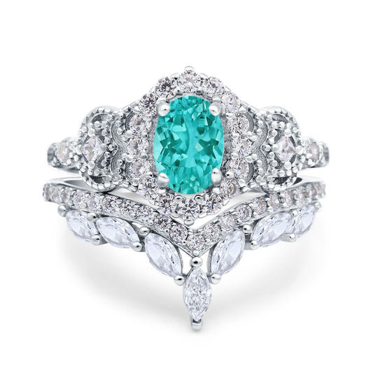 Oval Accent Vintage Simulated Paraiba Tourmaline CZ Wedding Band Bridal Ring