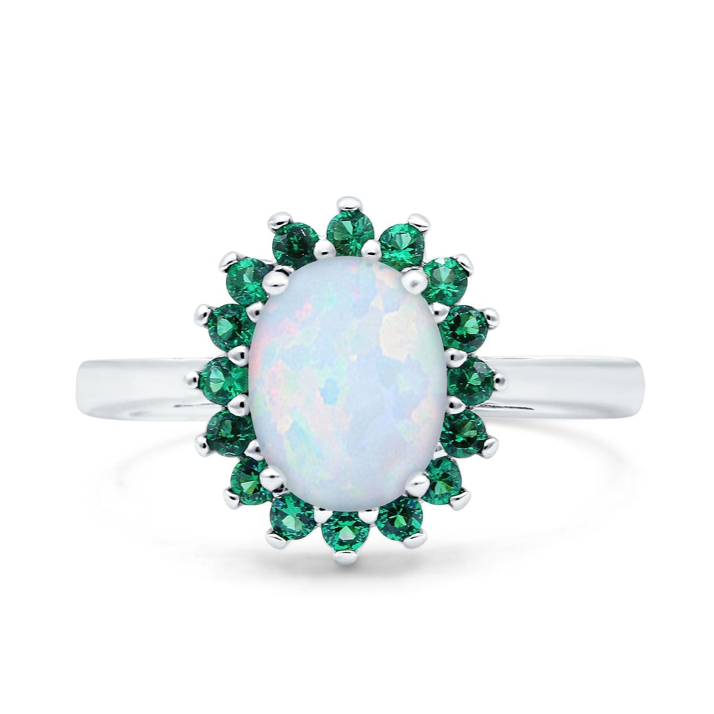 Oval Art Deco Wedding Ring Simulated Green Emerald Lab Created White Opal