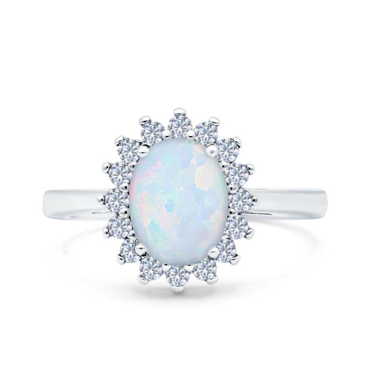 Halo Art Deco Oval Wedding Ring Lab Created White Opal