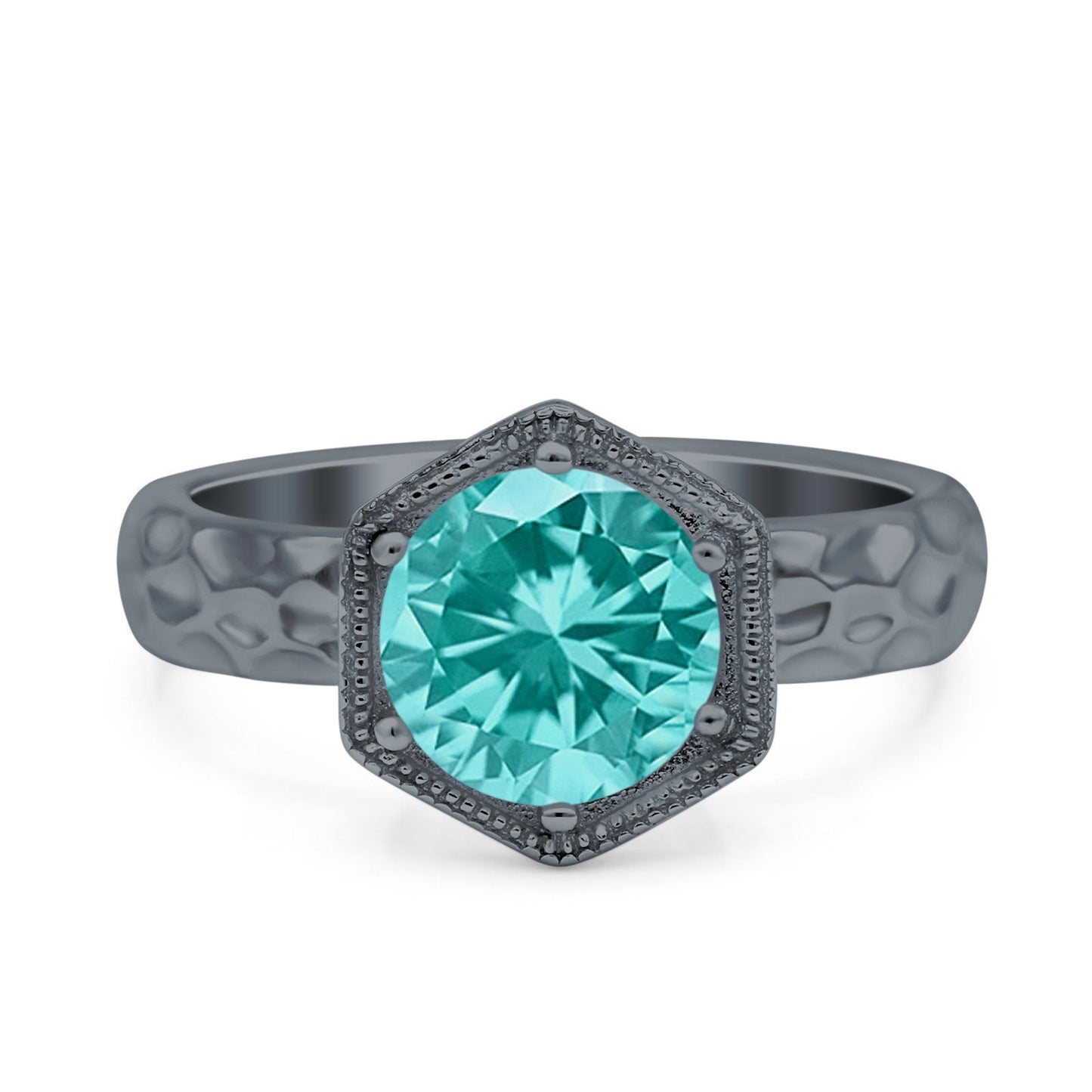 Art Deco Engagement Bridal Ring Hexagon Black Tone, Simulated Paraiba Tourmaline CZ