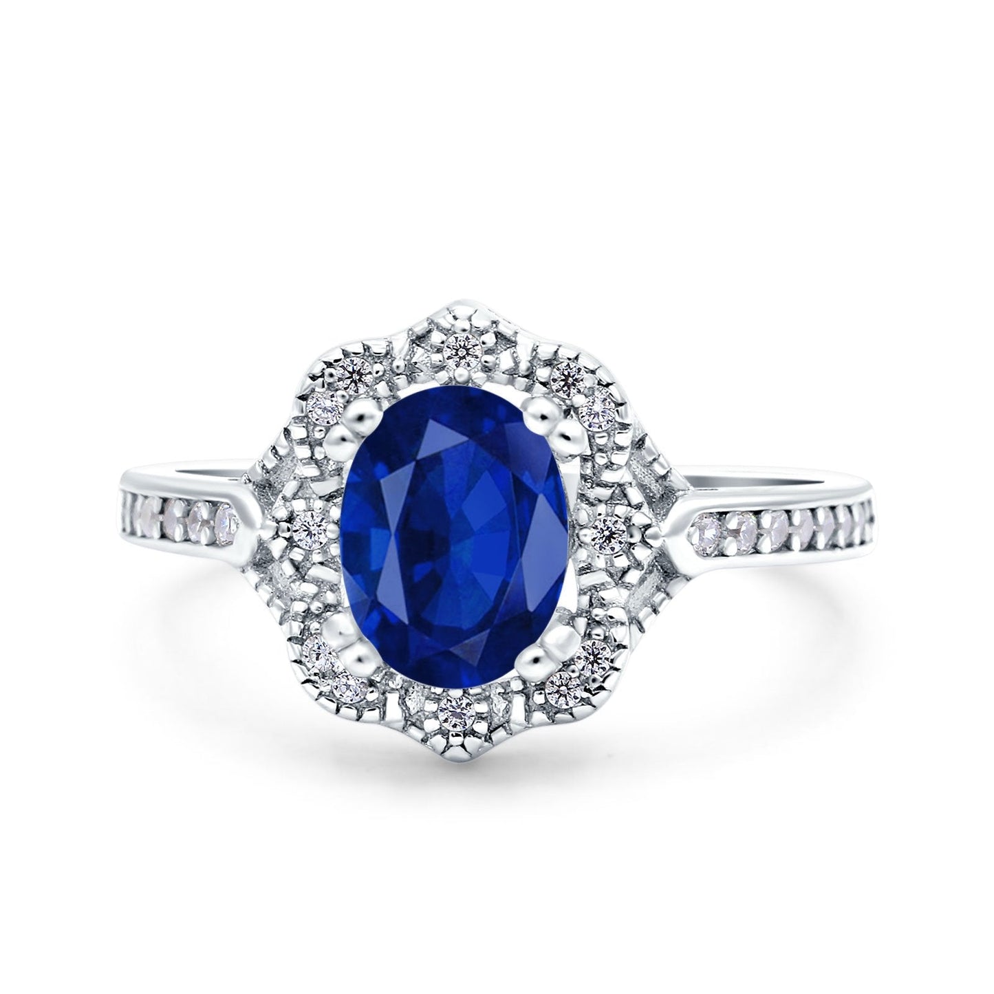 Oval Art Deco Accent Vintage Blue Sapphire CZ Wedding Ring