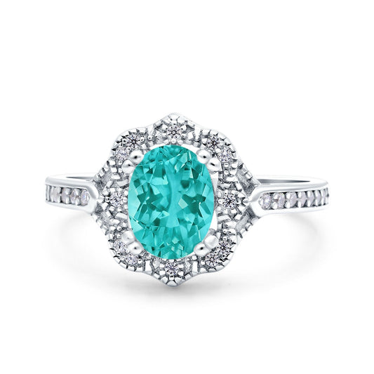 Oval Art Deco  Accent Vintage Paraiba Tourmaline CZ Wedding Ring