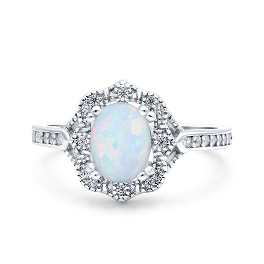 Oval Art Deco Accent Vintage Lab Created White Opal Wedding Ring