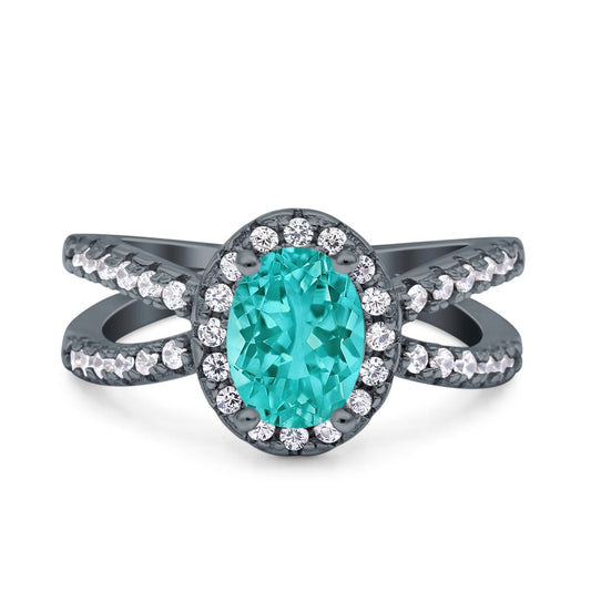 Art Deco Oval Black Tone Paraiba Tourmaline CZ Engagement Ring