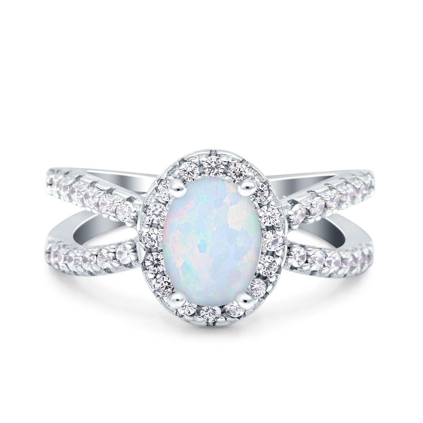 Art Deco Oval Lab Created White Opal Engagement Ring