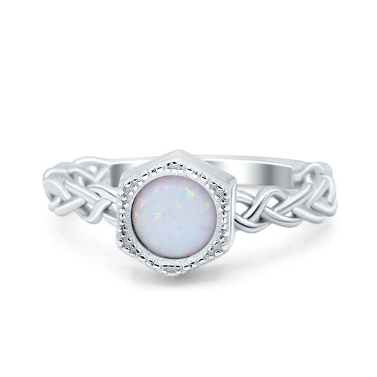 Art Deco Hexagon Round Lab Created White Opal Engagement Ring