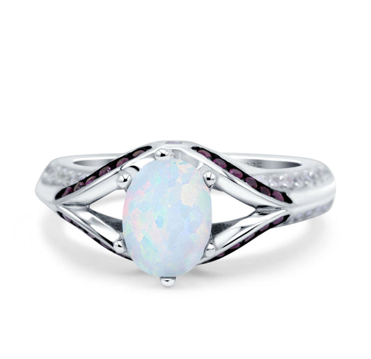 Split Shank Halo Oval Wedding Ring Amethyst Lab Created White Opal