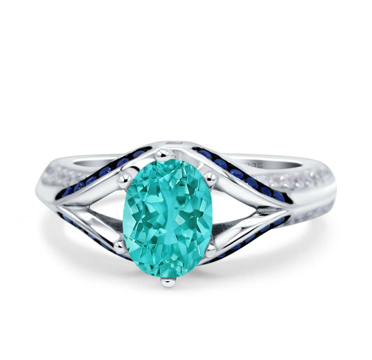 Split Shank Halo Oval Wedding Engagement Ring Blue Sapphire Simulated Paraiba Tourmaline CZ