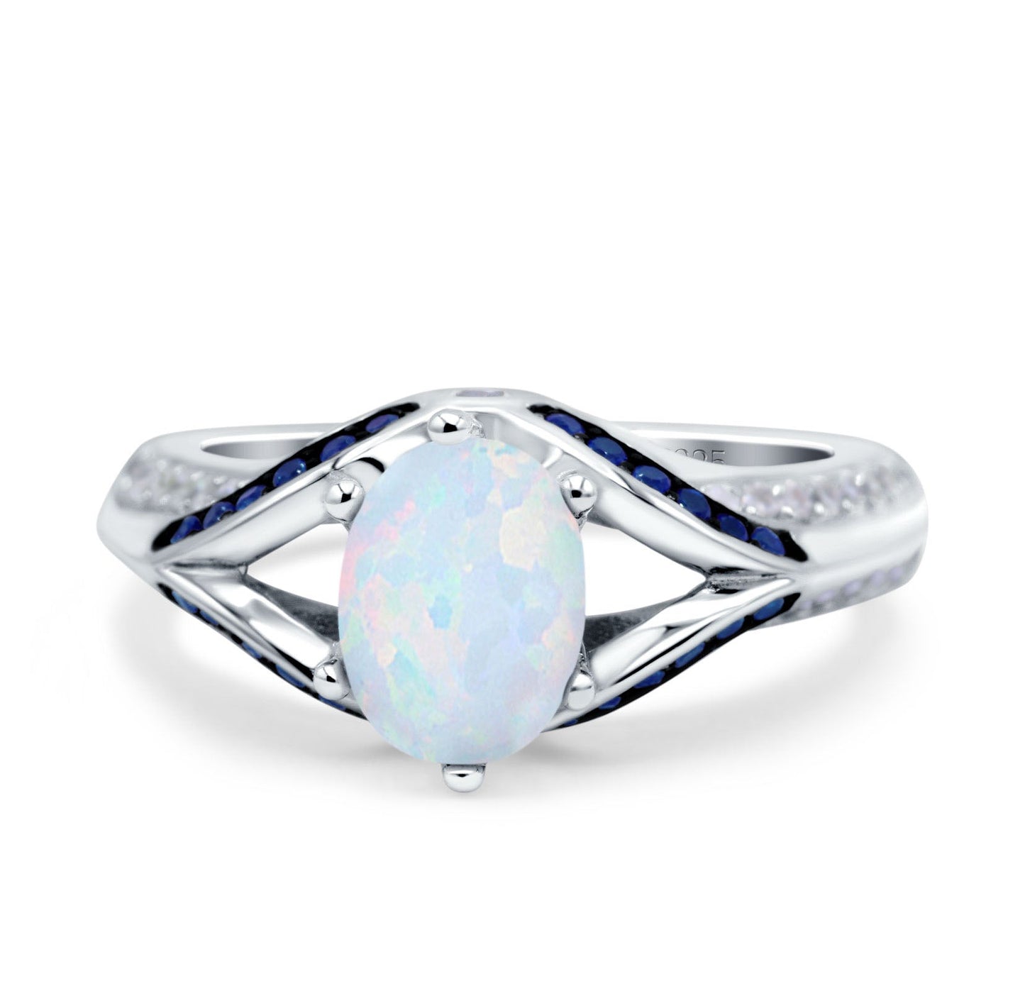 Split Shank Halo Oval Wedding Engagement Ring Blue Sapphire Lab Created White Opal