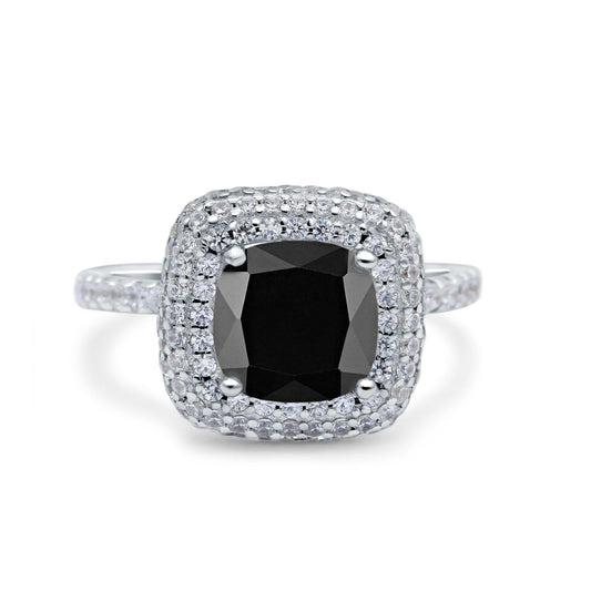 Halo Art Deco Cushion Cut Wedding Ring Simulated Black CZ