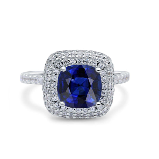 Halo Art Deco Cushion Cut Wedding Ring Simulated Blue Sapphire CZ