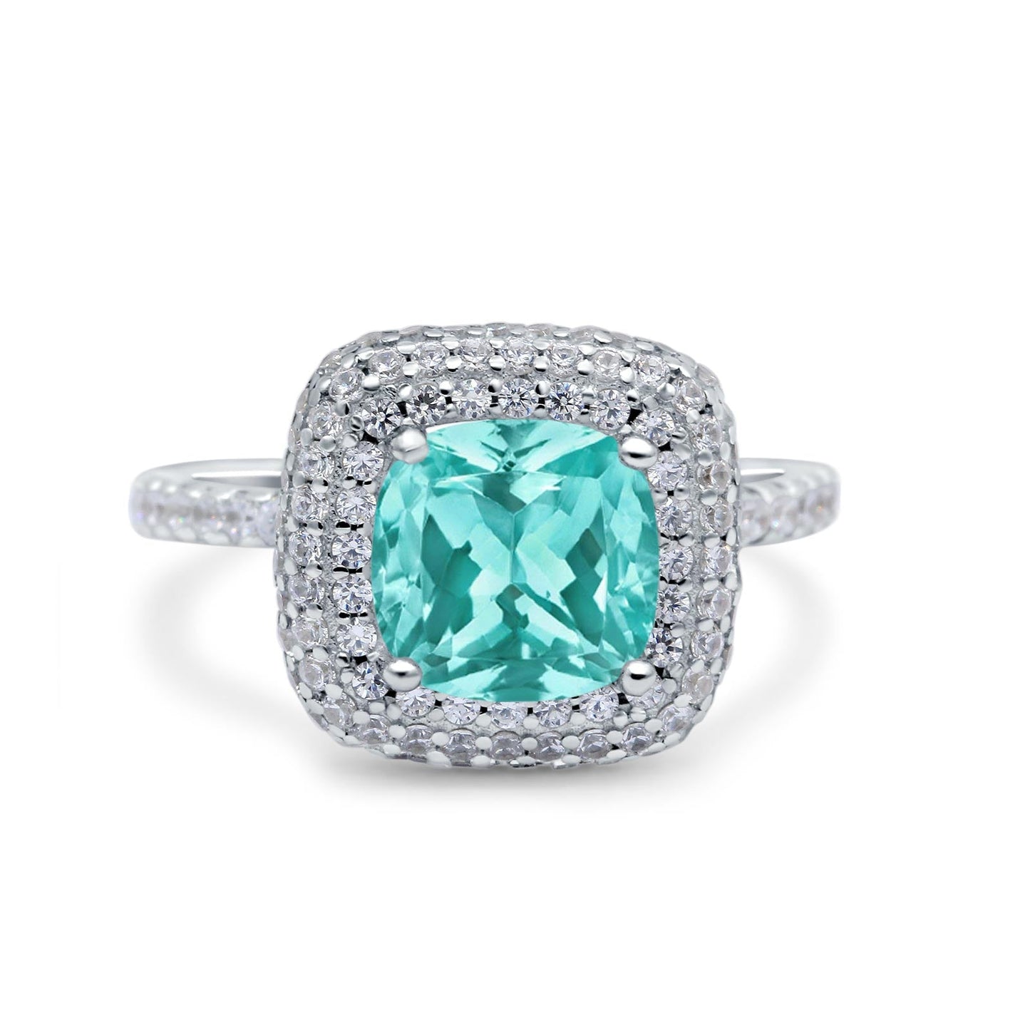 Halo Art Deco Cushion Cut Wedding Ring Simulated Paraiba Tourmaline CZ