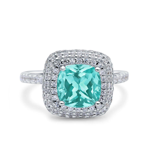 Halo Art Deco Cushion Cut Wedding Ring Simulated Paraiba Tourmaline CZ