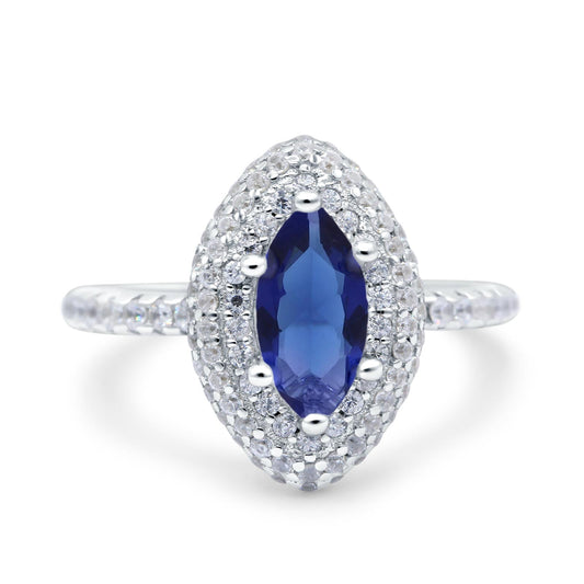 Halo Art Deco Marquise Wedding Ring Simulated Blue Sapphire CZ