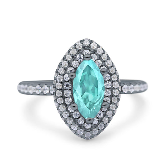 Halo Art Deco Marquise Wedding Ring Black Tone, Simulated Paraiba Tourmaline CZ